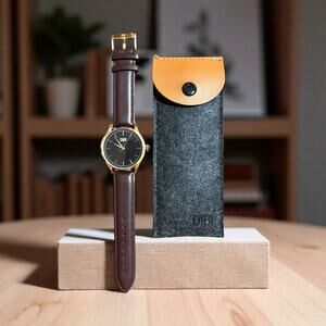 NEW Men's DIBI Wrist Watch Rose Gold Accents Black Face,‎ Brown Band with Case